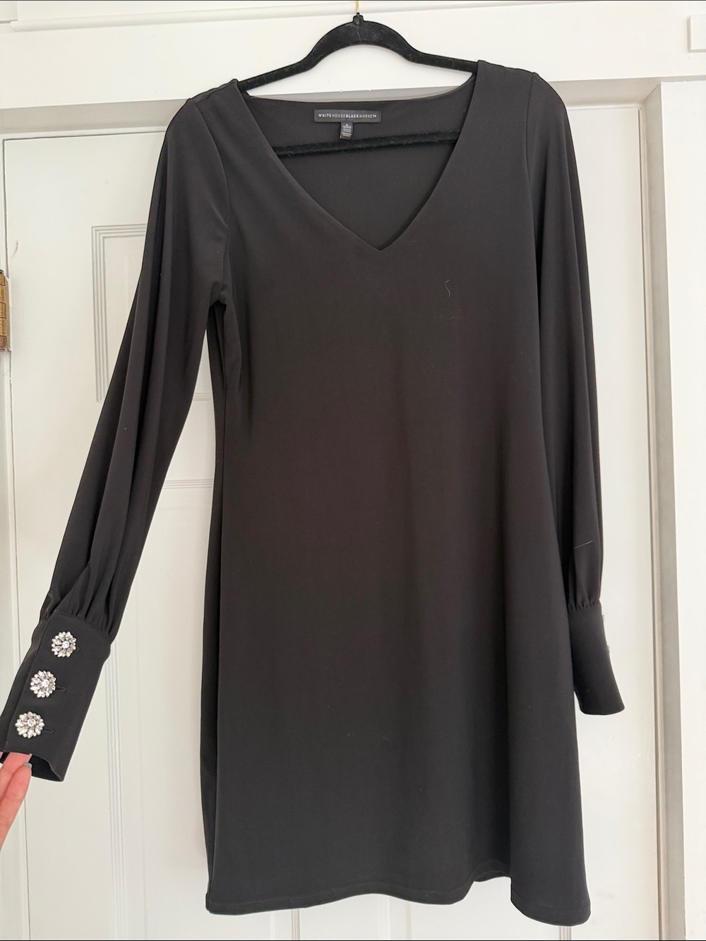 White House Black Market Black V-Neck Mini Dress with Jeweled Cuffs